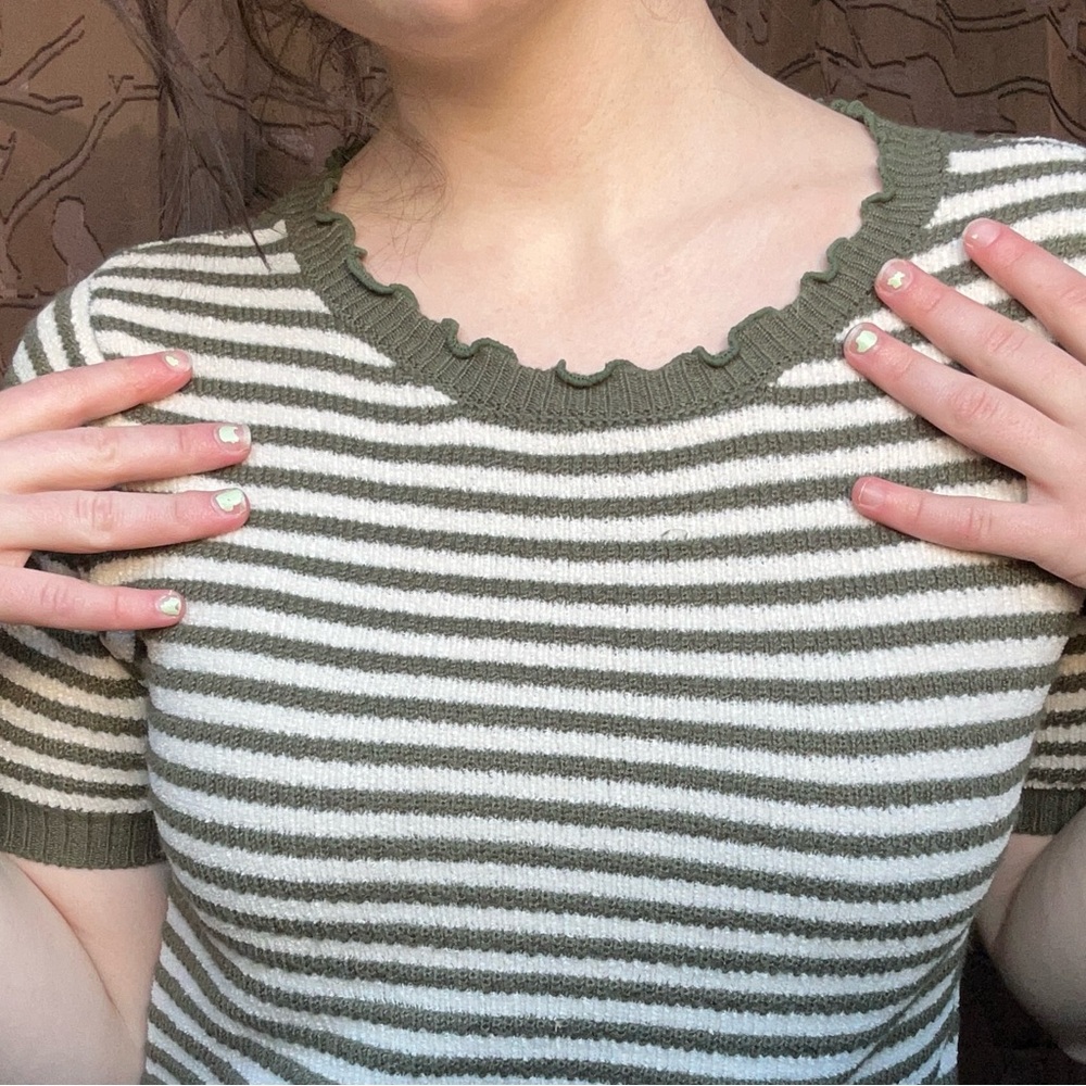 LOFT fuzzy Green and White Striped Knit Top